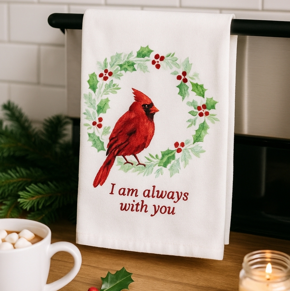 Mud Pie “Always With You” Cardinal Christmas Wreath Kitchen Towel NWT